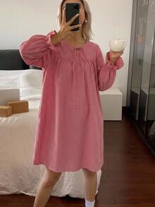 DAZY Plaid Half-Open Front Loose Long Sleeve Short Dress Women's Nightgown - Pink - View 1