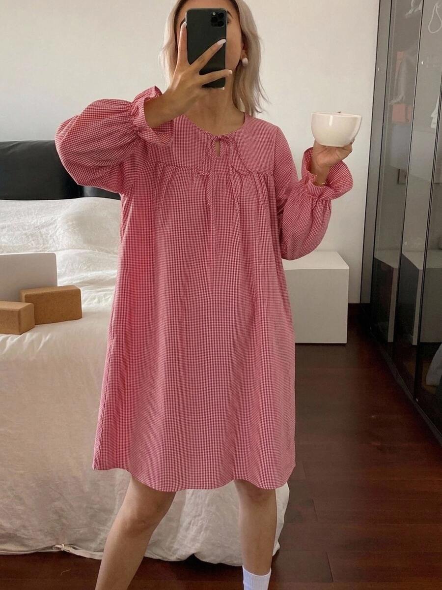 DAZY Plaid Half-Open Front Loose Long Sleeve Short Dress Women's Nightgown - Pink - View 1