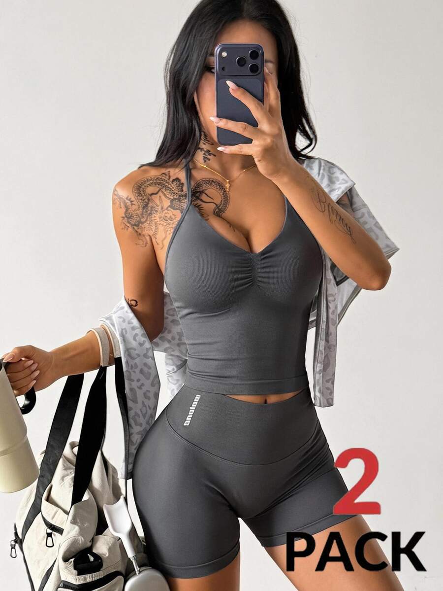 Coolane 女款無縫抓皺瑜伽套裝，運動內衣上衣與高腰單車褲 - 灰色 - 查看 1