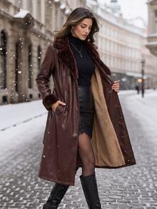SHEIN Clasi 女款純色PU皮革時尚百搭日常休閒風衣外套 80年代風格冬季女裝外套 - 酒紅色 - 查看 5