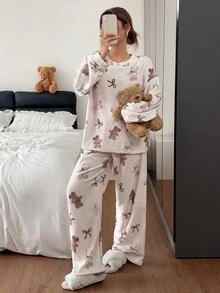 Napfluff Cute Striped Bear Print Crew Neck Long Sleeve Pants Pajama Set For Women - Khaki - View 3
