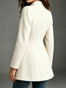 LUMIGAL Women's WoolBlend MidLength Coat, Stand Collar, Puff Long Sleeves, Military Braided Embroidery, Gold Tone Metal Buttons, Fall Winter Party & Work Ov - Apricot - View 2