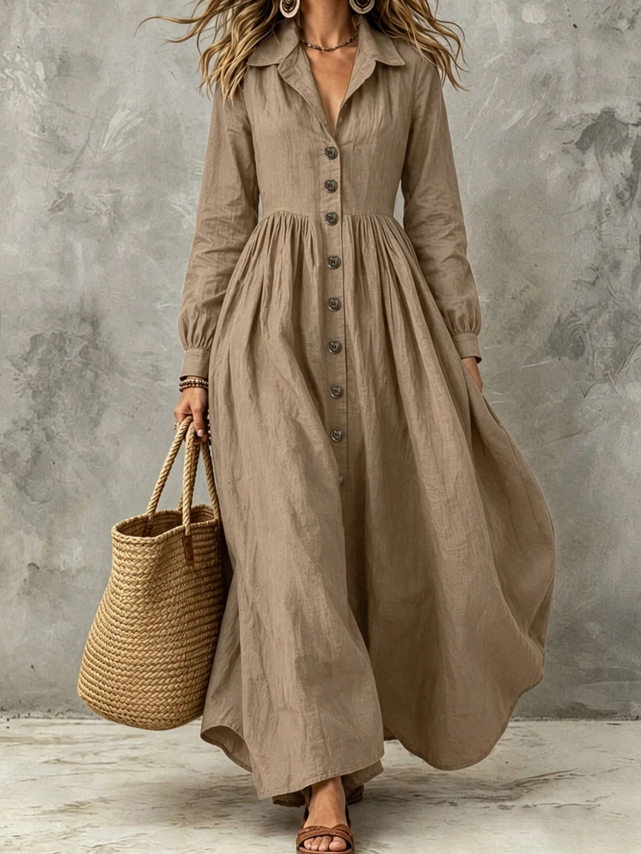 Breezaya Women Elegant Solid Long Sleeve Graduation Dress, Front Button Detail For Beach Dating Daily Commute - Khaki - View 1