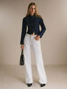 Poéselle Women's Cropped Stand Collar Denim Jacket With Gold Button Braid Detail, Military Inspired - Dark Wash - View 5