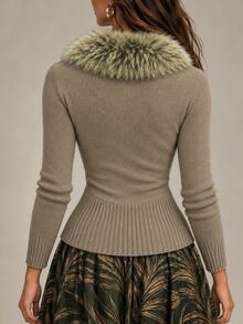 SHEIN Áo len chui đầu nữ dáng ôm cổ lông xù phối patchwork cài nút tay dài phong cách thường ngày cho mùa thu/đông - Màu Khaki - Xem 2