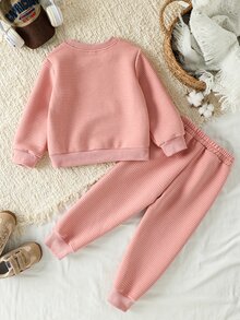 SHEIN 4-8歲女童兩件式羅紋運動套裝，圓領壓紋字母衛衣與慢跑長褲套組，棉混紡春秋休閒小女孩穿搭 - 粉色 - 查看 2