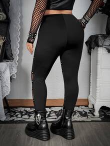 SHEIN CURVE+ Quần legging size lớn phong cách punk phối patchwork lưới đan rỗng khoét lỗ - màu đen - Xem 2