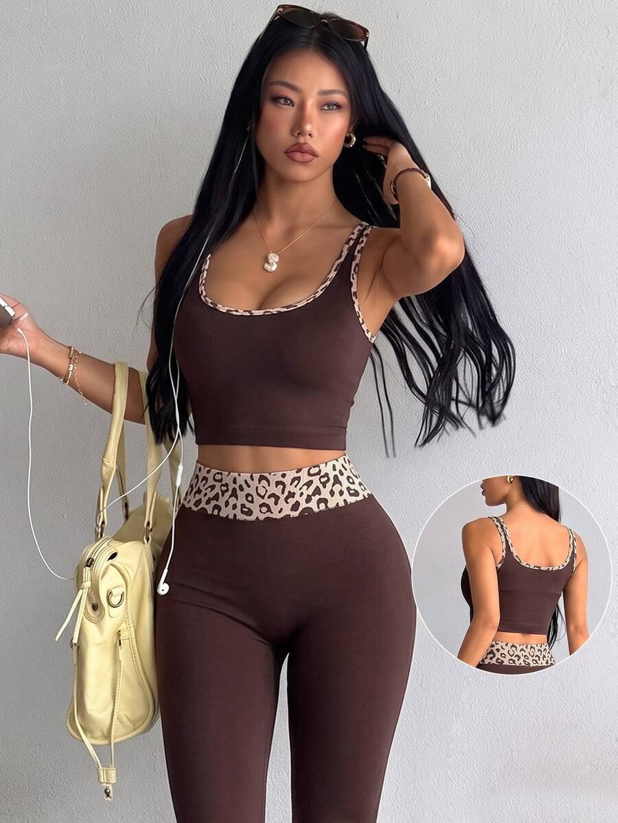 SHEIN Dewbera Tank Top Yoga Olahraga Tanpa Jahitan/Trim Motif Leopard Warna Kontras/Modis Seksi/Nyaman - Coffee Brown - View 1