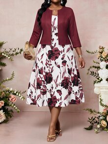 SHEIN Lady Plus Size Women Solid Color Long Sleeve Jacket & Floral Print Dress 2pcs Set - Burgundy - View 3