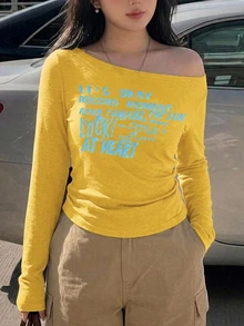 Dazy Plus Letter Print Asymmetric Shoulder Neckline Casual Long Sleeve Brown Spring/Autumn T-Shirt For Girls Graphic Tees - Yellow - View 3