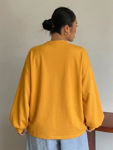 Dazy Plus 小圓領純色休閒百搭側開衩設計長袖白色春夏秋T恤 - 黃色 - 查看 6