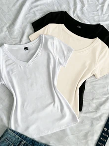 SHEIN EZwear 3件組女款夏季V領修身T恤，龐克次文化動漫純色基本款V領短袖修身T恤 - 彩色 - 查看 4