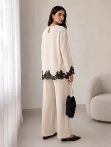 Feyla Women's Contrast Lace Drop Shoulder Long Sleeve Top And Straight Leg Pants 2 Pieces Set - Apricot - View 2