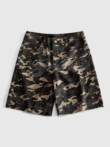 ROMWE MEN Street Life Men's Camouflage Pattern Pocket Denim Shorts - Black/Green - View 1