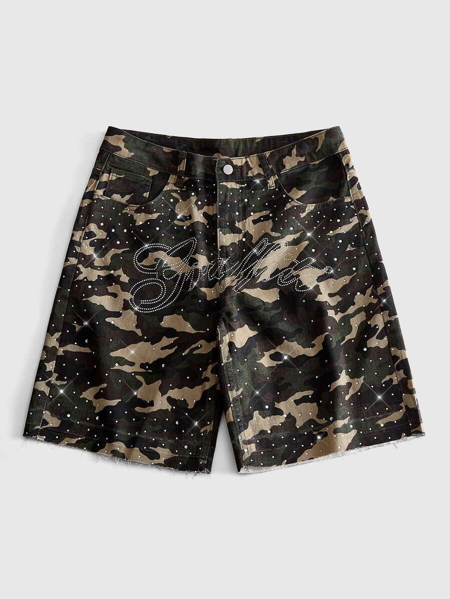 ROMWE MEN Street Life Men's Camouflage Pattern Pocket Denim Shorts - Black/Green - View 1