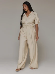 MUSERA Plus Size Beige Extreme Wide Leg Woven Utility Jumpsuit Spring Summer Casual Everyday Day Outfit Going Out - Camel - View 2