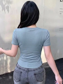 DAZY 女款夏季藍色純色圓領短袖T恤，休閒街頭戶外音樂節情人節婚禮運動上衣 - 藍色 - 查看 4