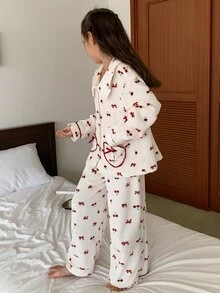 DAZY Girls (Large) Lapel Long Sleeve Cherry Pattern Top + Straight Leg Pants Casual 2 Pieces Set - White - View 9