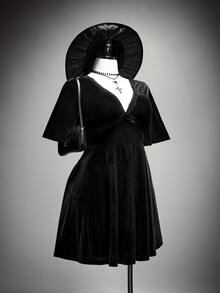 SHEIN ICON Plus Size Y2K Vintage Velvet Gothic V-Neck Ruffle Sleeve A-Line Dress - Black - View 4