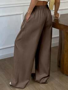 Livesso Petite Women's Solid Color Drawstring Waist Casual Daily Long Pants - Brown - View 2