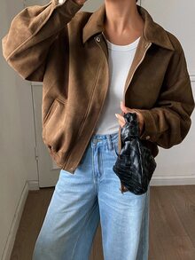 DAZY Women's Solid Color Lapel Dropped Shoulder Sleeve Zipper Jacket, Autumn/Winter - Brown - View 4