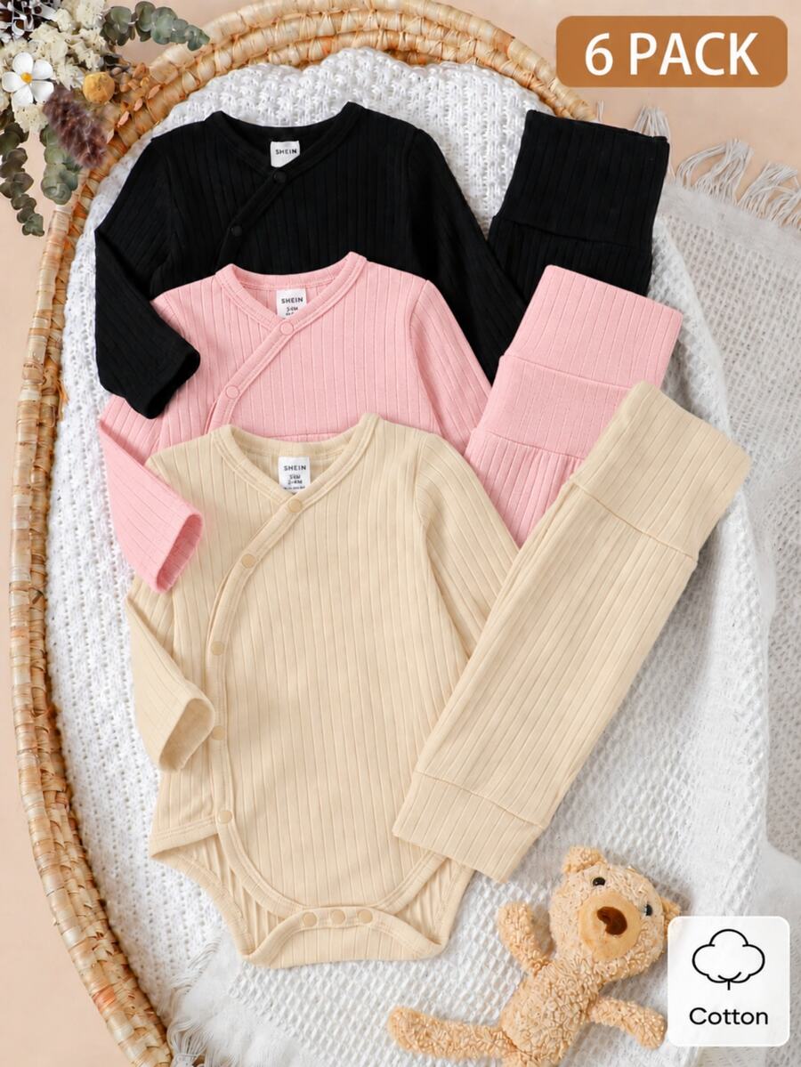 SHEIN 6件組新生女嬰和服連身褲內搭褲，可愛甜美黑色粉色米色羅紋側開扣長袖V領禮物，適合秋季假期聖誕節，純色