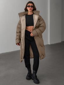 EURMUSE Women Solid Color Contrast WhiteColor Lining Detailed Long Winter Coats - Cream - View 3