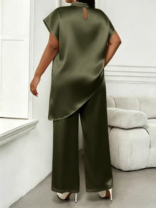 SHEIN Lady 大尺碼女款純色高領不對稱下擺優雅襯衫 - 軍綠色 - 查看 2
