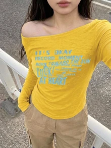 Dazy Plus Letter Print Asymmetric Shoulder Neckline Casual Long Sleeve Brown Spring/Autumn T-Shirt For Girls Graphic Tees - Yellow - View 4