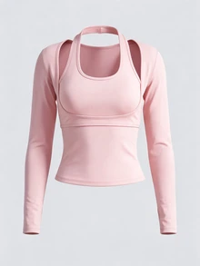 Sweetra Women's Fashion Elegant Elegant Comfortable Long Sleeve Fitted 2 In 1 Design Mesh T-Shirt Top - Baby Pink - View 2
