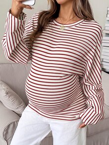 SHEIN 孕婦條紋印花蝙蝠袖T恤 - 紅色 - 查看 1