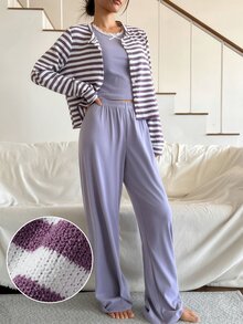 DAZY Women's Striped Long Sleeve Top, Bow Decor Tank Top And Pants Pajama Set - Purple - View 5