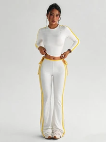 StreetHx Women's Round Neck Long Sleeve T-Shirt And Side Waist Cutout Tie Flare Pants Sports Set - White - View 4