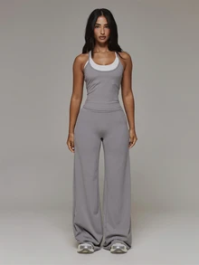 Musera Sport Contrast Colour Double Layered Logo Back Fitted Soft Touch Active Cami Top Sport Essentials Basics Gym Workout Autumn Fall Winter - Dark Grey - View 3