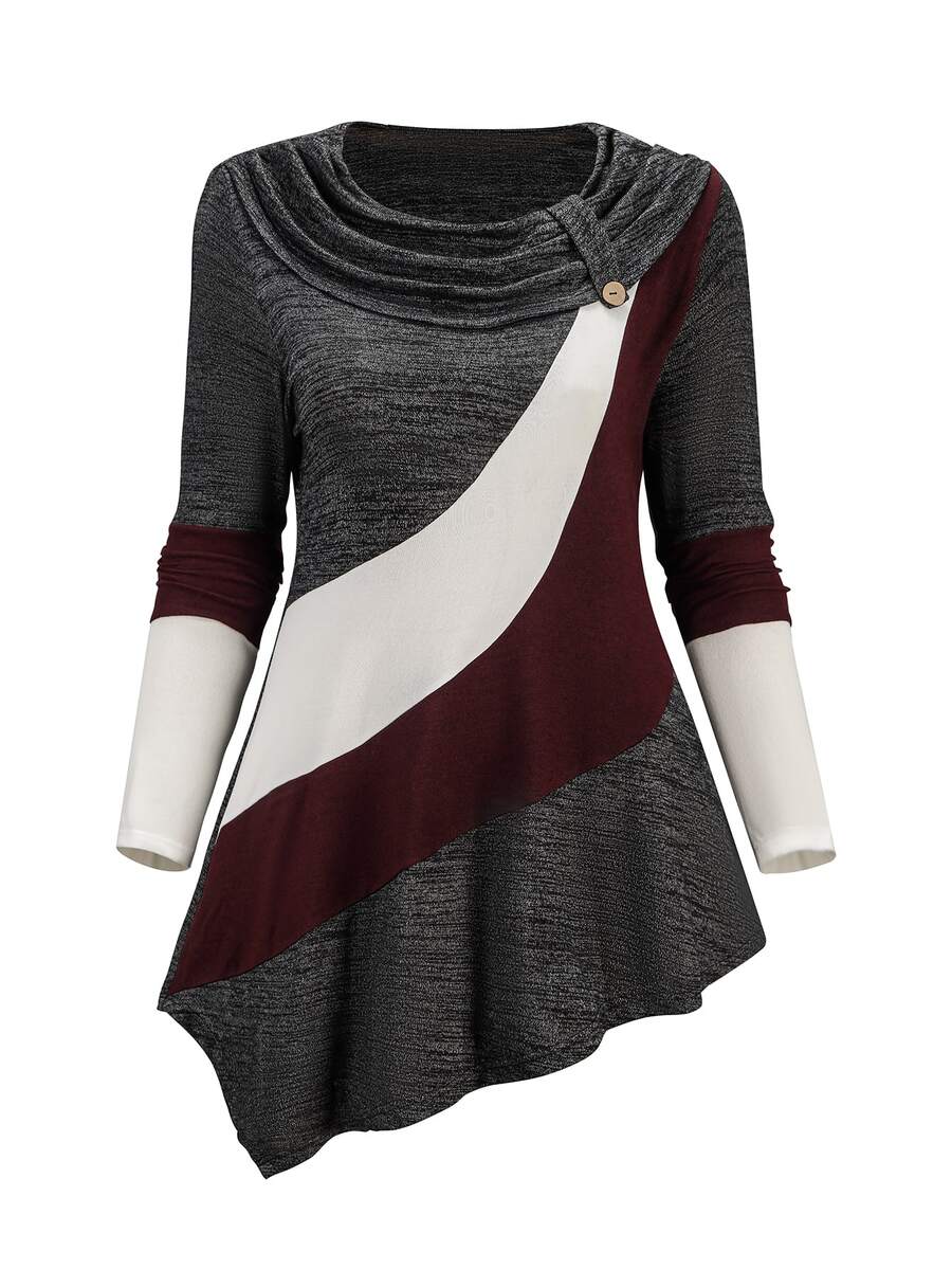 Lacomfia Women's Plus Size Long Sleeve Colorblock Asymmetrical Hem Ruched Neck T-Shirt, Versatile Warm Casual Home Daily Wear For Autumn/Winter - Multicolor - View 1