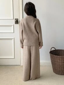 DAZY Tween Girls Stand Collar Casual Long Sleeve Autumn/Winter Sweater Top + Straight Leg Knitted Pants 2 Pieces Sweater Set - Apricot - View 7