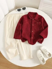 SHEIN 2件組兒童小男孩服飾拼色條紋貼袋翻領長袖鈕扣襯衫與長褲套裝，適合日常穿著與節日派對 - 彩色 - 查看 1