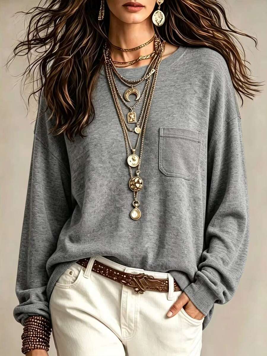 Glimmora Women's Simple Versatile Pocket Long Sleeve T-Shirt For Daily Commute