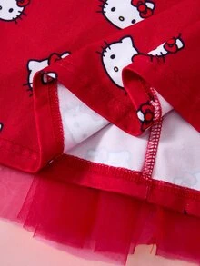 HELLO KITTY AND FRIENDS | SHEIN Gaun Bayi Perempuan Warna Polos Lengan Flutter Kerah Bulat Motif Kartun dengan Kelim Mesh - Merah - View 9