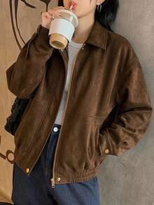 DAZY Women's Solid Color Lapel Dropped Shoulder Sleeve Zipper Jacket, Autumn/Winter - Brown - View 7
