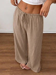 SHEIN PETITE 女款素色休閒百搭日常穿著長褲 - 卡其色 - 查看 7