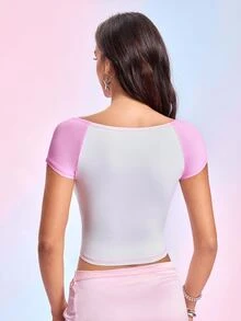 My Little Pony X SHEIN Women's Cartoon Unicorn Pattern Short Sleeve Raglan Neckline Cropped Top - White - View 2