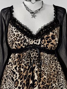 Sunspun Plus Size Women's Lace Patchwork Leopard Print Sexy Versatile Blouse - Multicolor - View 7