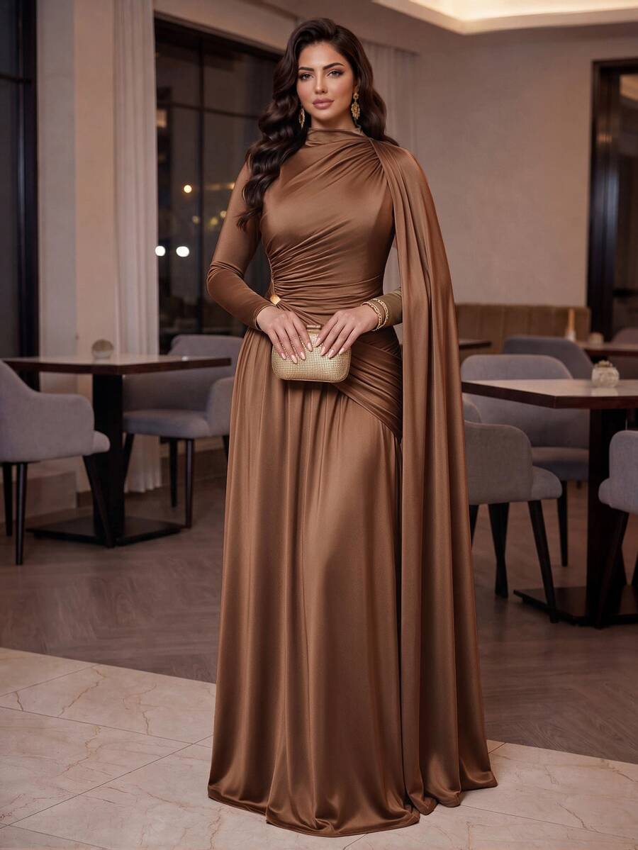 SHEIN Lady Plus Size Women Solid Color Pleated Ribbon Design Elegant Dress - Coffee Brown - View 1