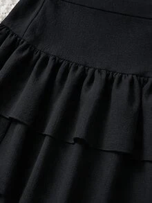 Young Girl Fashion Versatile Woven Solid Color Pleated Fitted Casual Skirt - Black - View 4