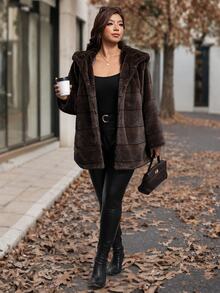 SHEIN Clasi Plus Size Women's Solid Color Fashion Versatile Winter Faux Fur Coat - Coffee Brown - View 7