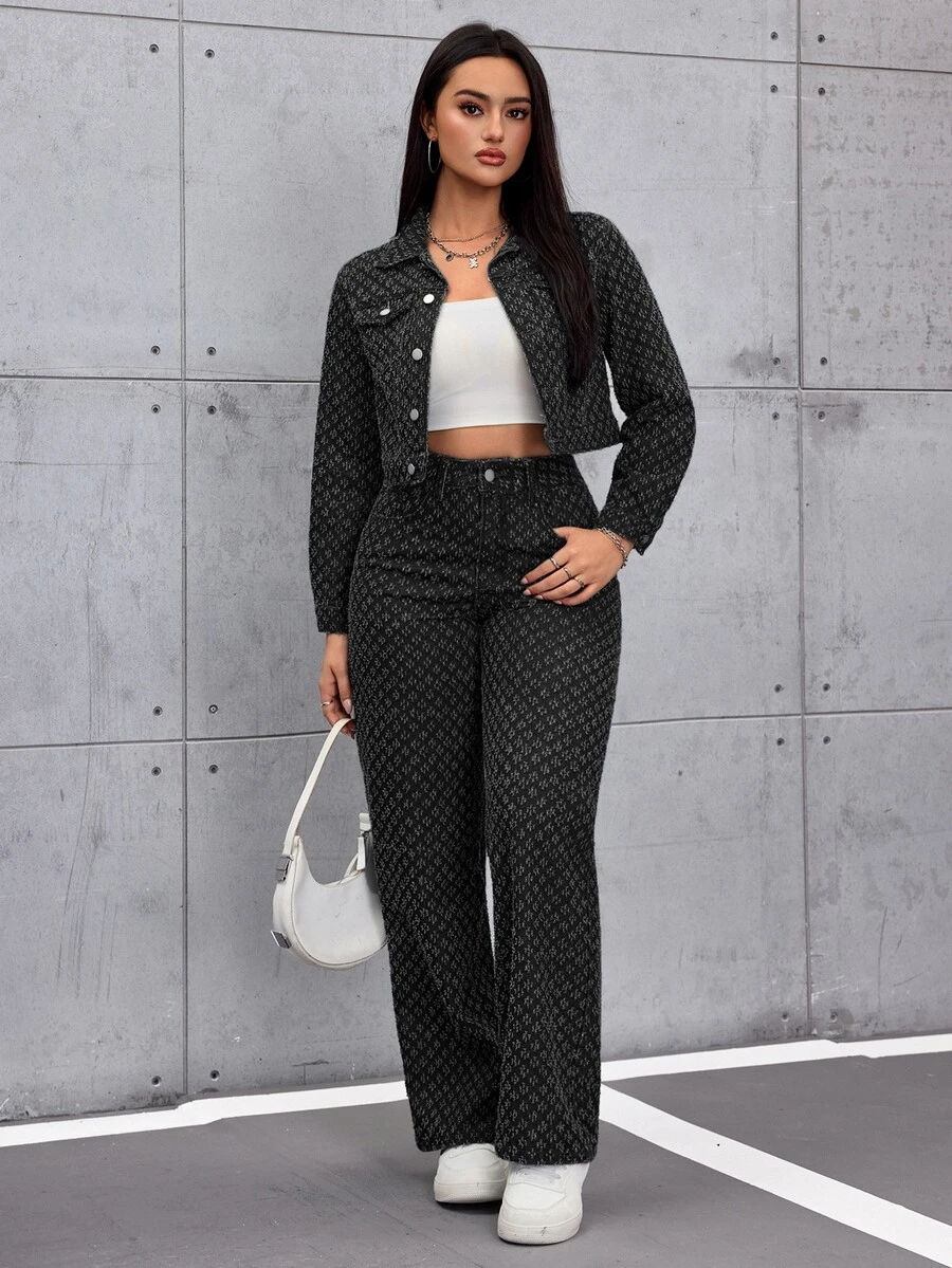 SHEIN ICON 女款 Old Money 風格無彈力休閒直筒寬腿牛仔褲 - 黑色 - 查看 1