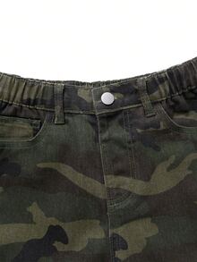 SHEIN Girls Y2K Camo Denim Jeans With Shiny Rhinestone Letter Pattern, Wide Leg Loose Fit, Back To School Streetwear - Army Green - View 4