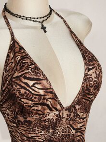 SHEIN ICON 大尺碼女款豹紋荷葉邊網紗連身褲 - 棕色 - 查看 6