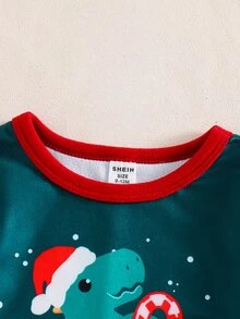 SHEIN 男嬰女嬰貼身款秋冬卡通恐龍圖案羅紋圓領長袖上衣+睡褲，柔軟舒適貼身睡衣家居休閒套裝2件組，聖誕節、新年睡衣 - 綠色 - 查看 3